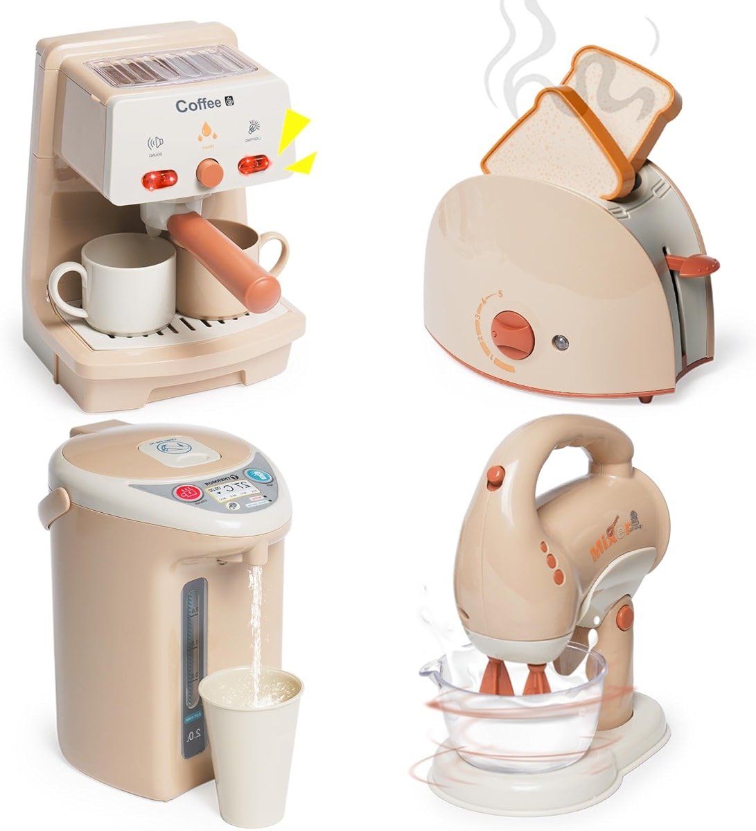 Kitchen Appliances Toy for Kids Kitchen Pretend Play Toy Play Kitchen Set with Coffee Maker Blender Espresso Machine Water Dispenser Toaster Mixer Realistic Sounds for Boys Girls 3+ - Product Image