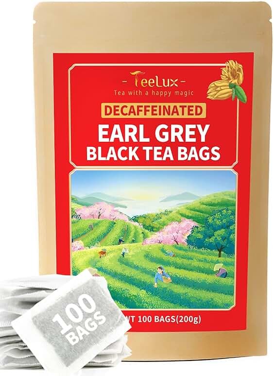 TeeLux Decaf Earl Grey Tea Bags, Decaffeinated Black Tea Blended with Natural Bergamot, Smooth & Full-Bodied, Enjoy Hot or Iced, 100 Count - Product Image