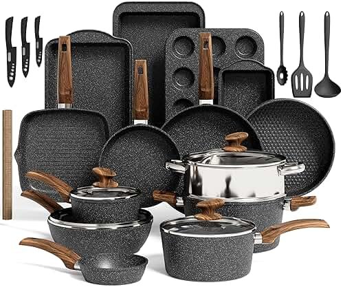 Kitchen Induction Cookware & Bakeware Set - 30 Piece Black Granite Cooking Pans Set, Non-Stick Pots and Pans Set - Product Image