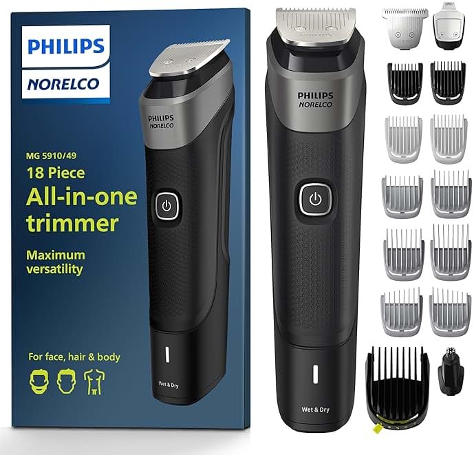 Philips Norelco Multigroom 5000 Series, All-in-One Trimmer and Hair Clipper, 18-Piece Men's Grooming Kit for Beard, Face, Hair, Body and Intimate Areas, No Blade Oil Needed, Model MG5910/49 - Product Image