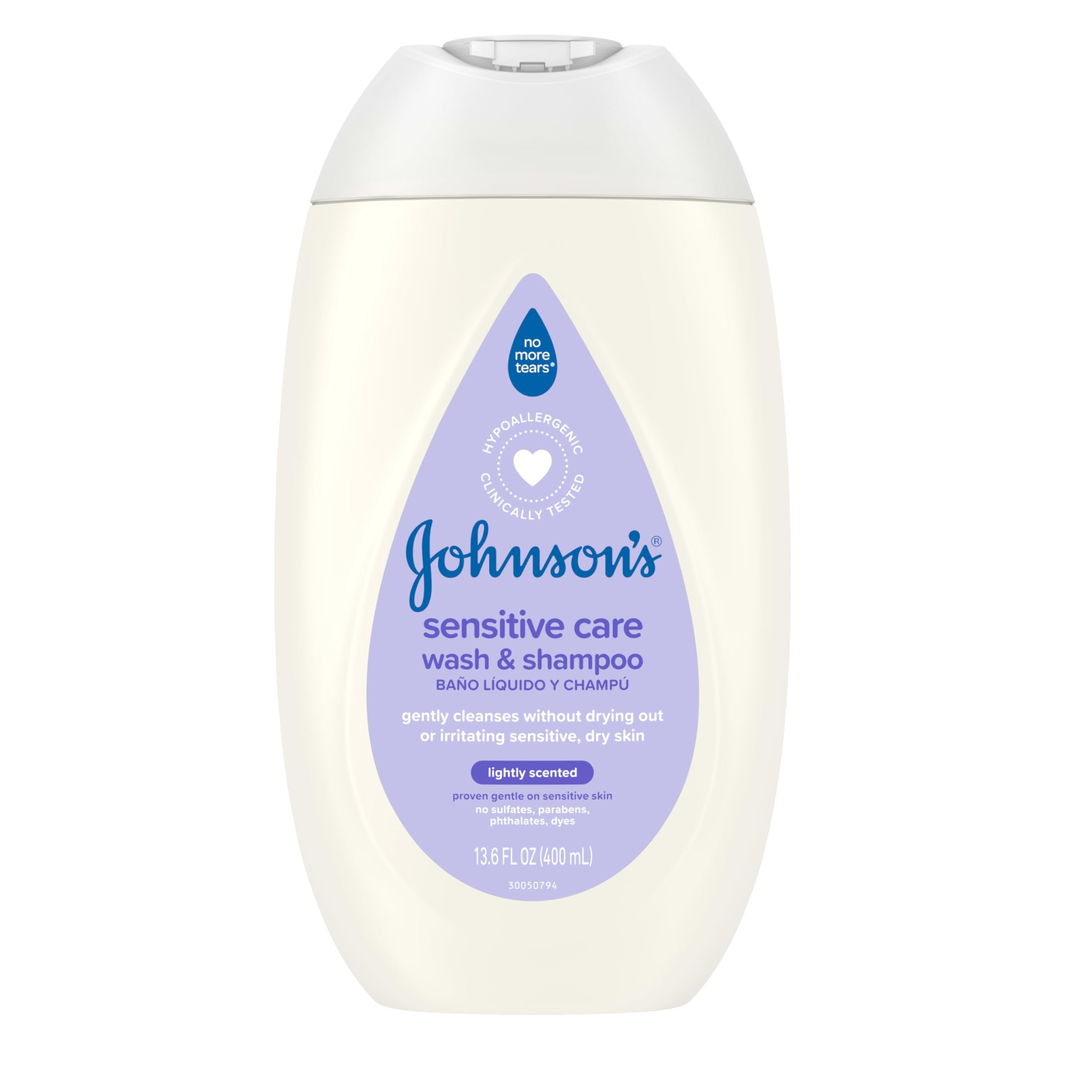 Johnson's Sensitive Care Baby Wash & Shampoo, Daily Moisturizing 2-in-1 Baby Wash & Shampoo to Gently Cleanse Without Drying Out Sensitive Skin, Light Scent, Hypoallergenic, 13.6 fl. oz - Product Image