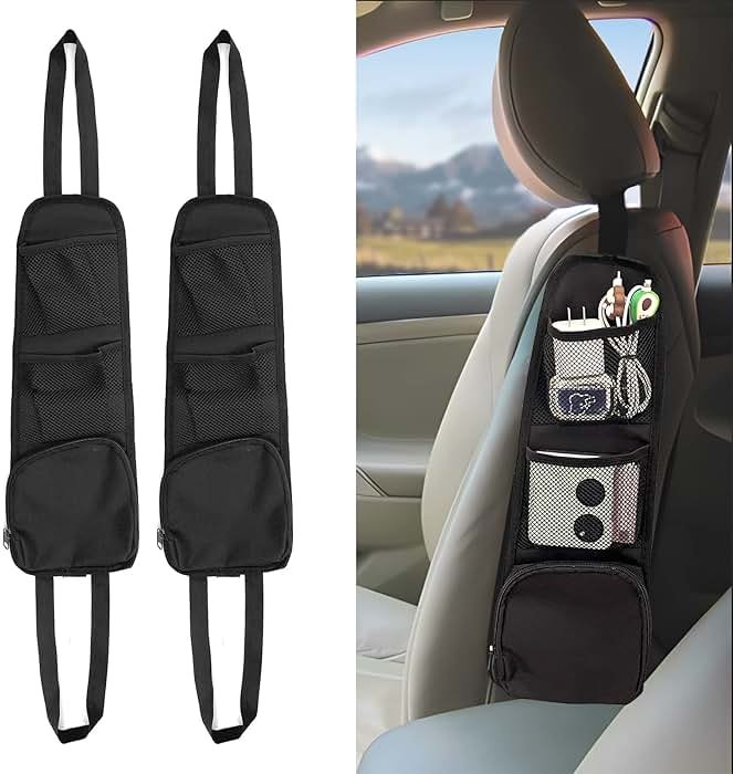 QUICTO 2PCS Car Seat Storage Hanging Bag, Multi-Pocket Seat Side Organizer, Multifunctional Mesh Net Pocket, Can Hold Mobile Phone, Wallet, Glasses, Suitable for Cars, SUVs, Trucks - Product Image