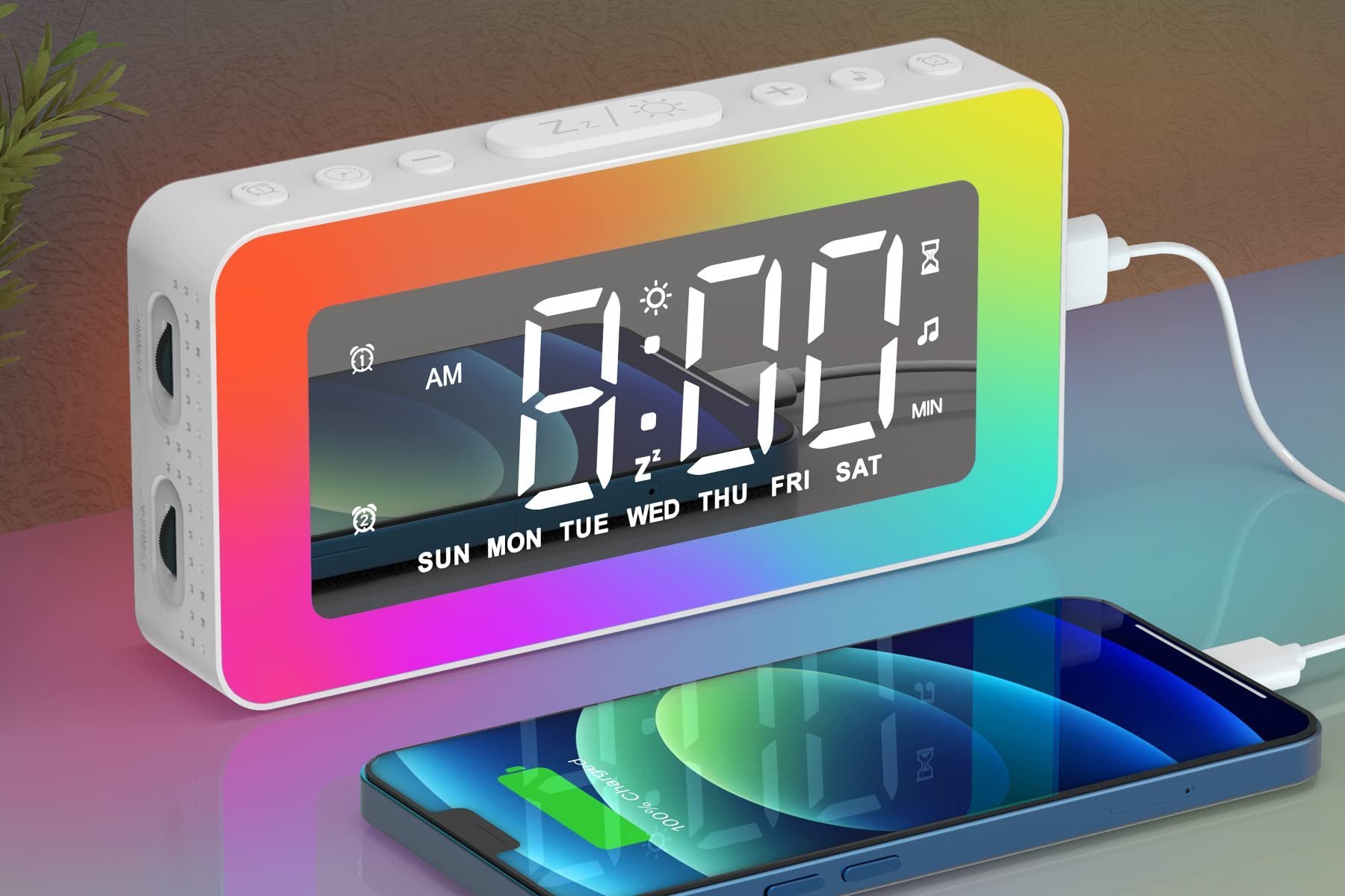 Alarm Clocks for Bedrooms, Mirror Clock with 8 RGB Atmosphere Light, Dual Alarms, 3 Alarm Modes, Snooze, Sleep Aid, Timer, USB Charger, Bedside Digital Alarm Clock for Kids, Adults, Heavy Sleepers - Product Image