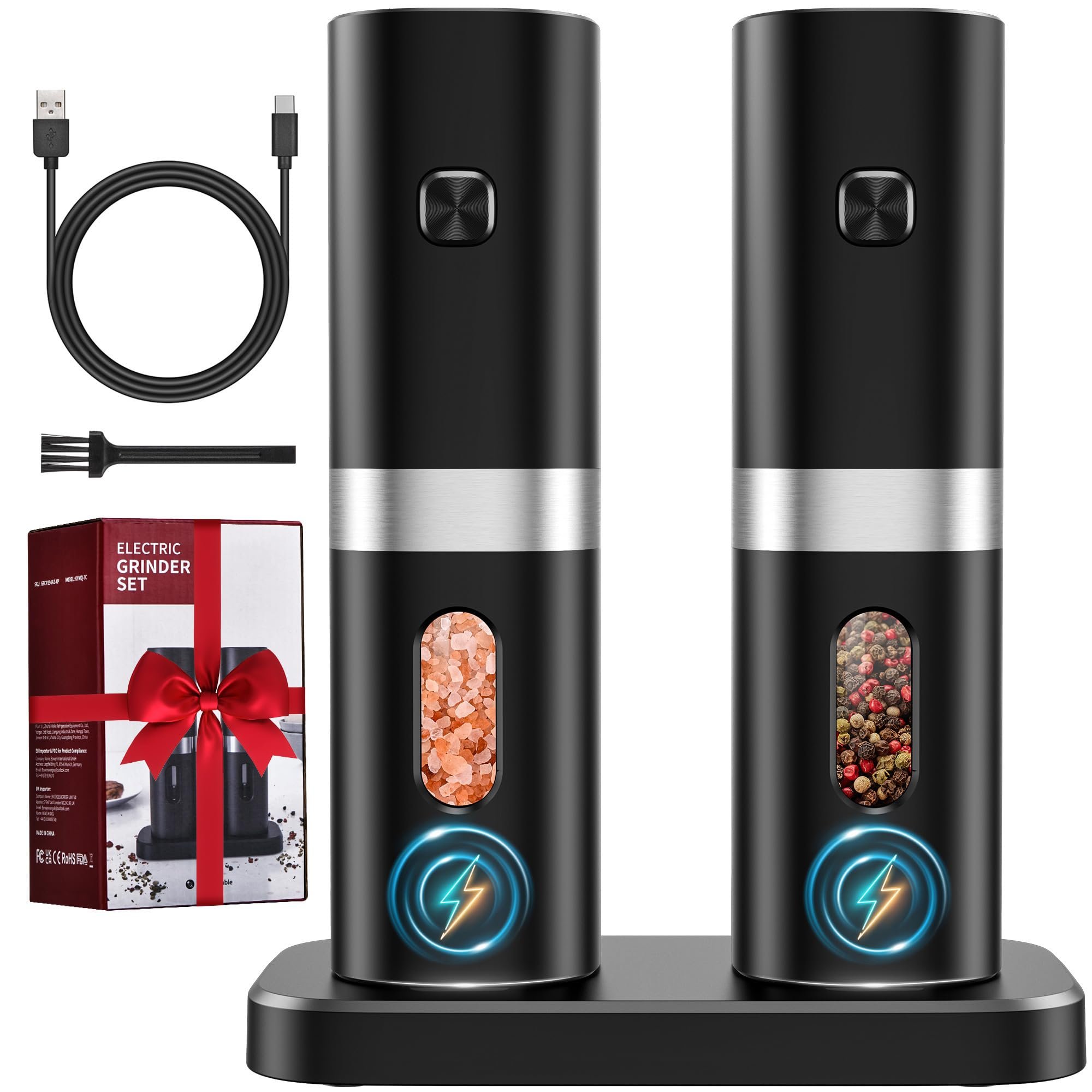 Electric Salt and Pepper Grinder Set, New Rechargeable Salt and Pepper Mill with Charging Base, Adjustable Coarseness Shakers with LED Light, One Hand Operation for Kitchen Appliances Gifts for Women - Product Image