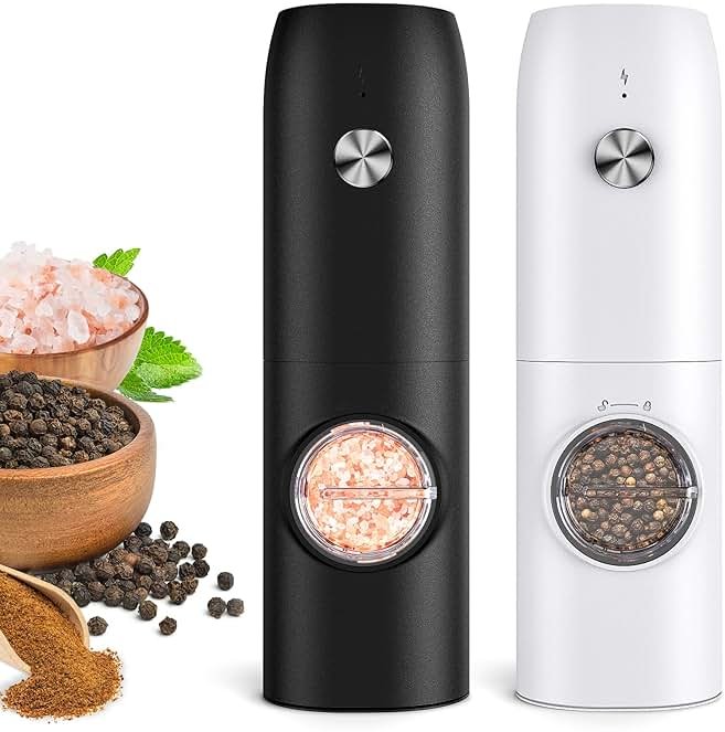 Electric Salt and Pepper Grinder Set, Rechargeable Automatic Salt and Pepper Shakers, Adjustable Coarseness Pepper Grinder with Led, Kitchen Appliances Gifts for Mom(Blackwhite) - Product Image