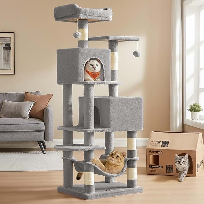 Feandrea Cat Tree, 59.5-Inch Tall Cat Tower, Plush Multi-Level Condo with 5 Scratching Posts, 2 Perches, 2 Caves, Hammock, 2 Pompoms, Light Gray UPCT192W01 - Product Image