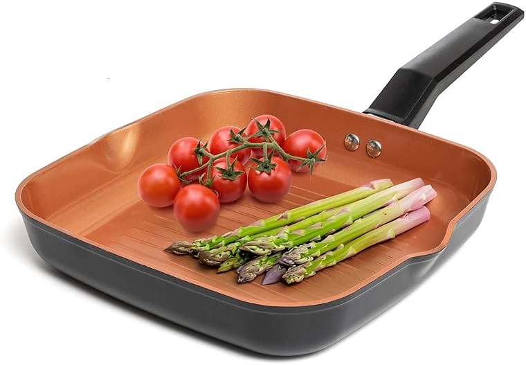 Moss & Stone Square Grill Pan For Indoor Cooking, 9.5In Frying Pan Copper Non-Stick Saute Fry Pan, Induction Copper Pan for Meats & Vegetables, Aluminum Griddle Nonstick Stove Top Grill Pan - Product Image