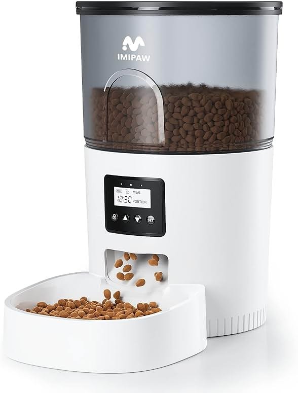 IMIPAW Automatic Cat Feeders, Timed Cat Dry Food Dispenser with Desiccant Bag, Dual Power Supply, Programmable Portion Size, 6 Meals, 20 Portions Per Day, Auto Pet Feeder for Cats and Small Dog, White - Product Image