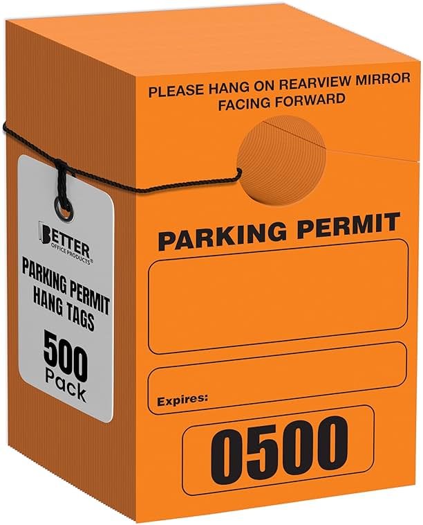 Better Office Products Parking Permit Hang Tags, 500 Pack, Temporary Parking Passes, Bulk Pack, Custom Passes Numbered 1-500, 3.15" x 4.75" Placards for Rearview Mirror(Orange) - Product Image