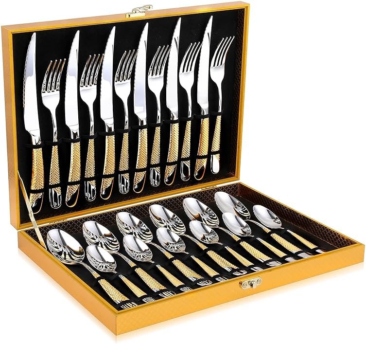 Hammered Silver Gold Silverware Set, OGORI 24-Piece 18/10 Stainless Steel Flatware Set, Service of 6 - Product Image