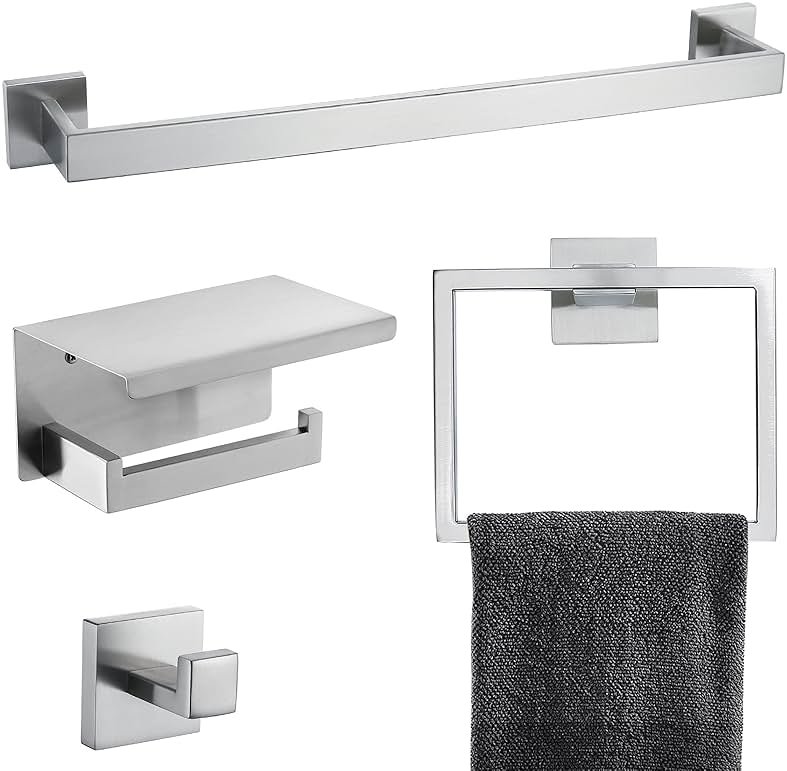 Brushed 4-Piece Bathroom Hardware Set Premium Stainless Steel Bath Towel Bar Sets Wall Mounted Bathroom Toilet Paper Holder with Shelf Set, 23.6 Inch - Product Image