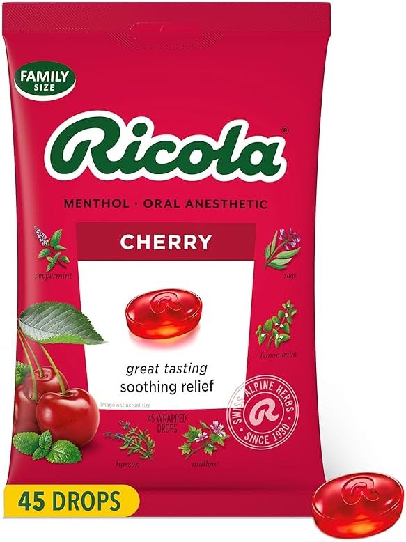 Ricola Cherry Throat Drops, 45 Count, Daily Drops For Delicious Throat Refreshment, Oral Anesthetic, Naturally Flavored - Product Image