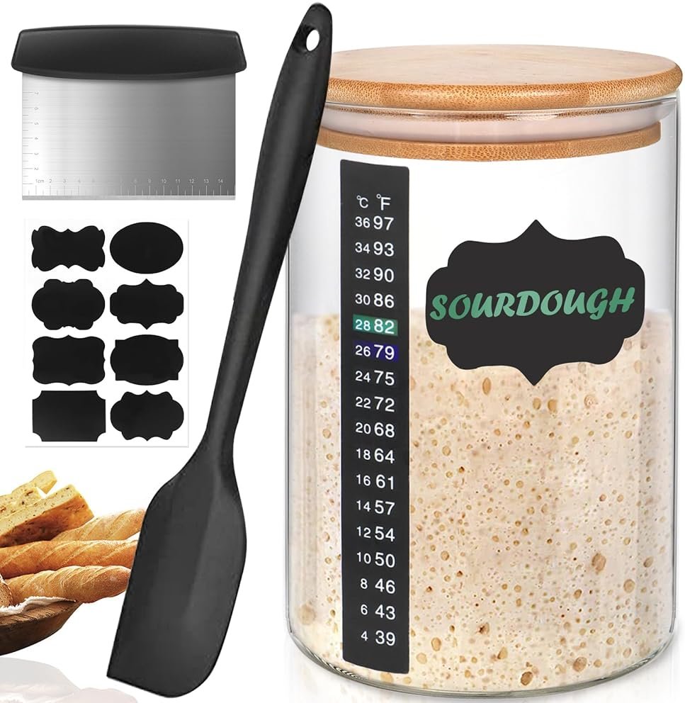 Kmise Sourdough Starter Jar, 34 Oz DIY Pro Glass Sourdough Starter Jar Kit With Thermometer, Silicone Spatula, Blackboard Stickers and Cutter - Product Image
