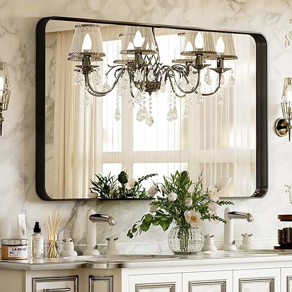 VooBang Bathroom Mirror 24x32 inch, Black Gorgeous Deep Frame Wall Mirror, Modern Round Corner Bathroom Vanity Mirror for Bedroom, Living Room, Hanging or Leaning Horizontal or Vertical, Black - Product Image