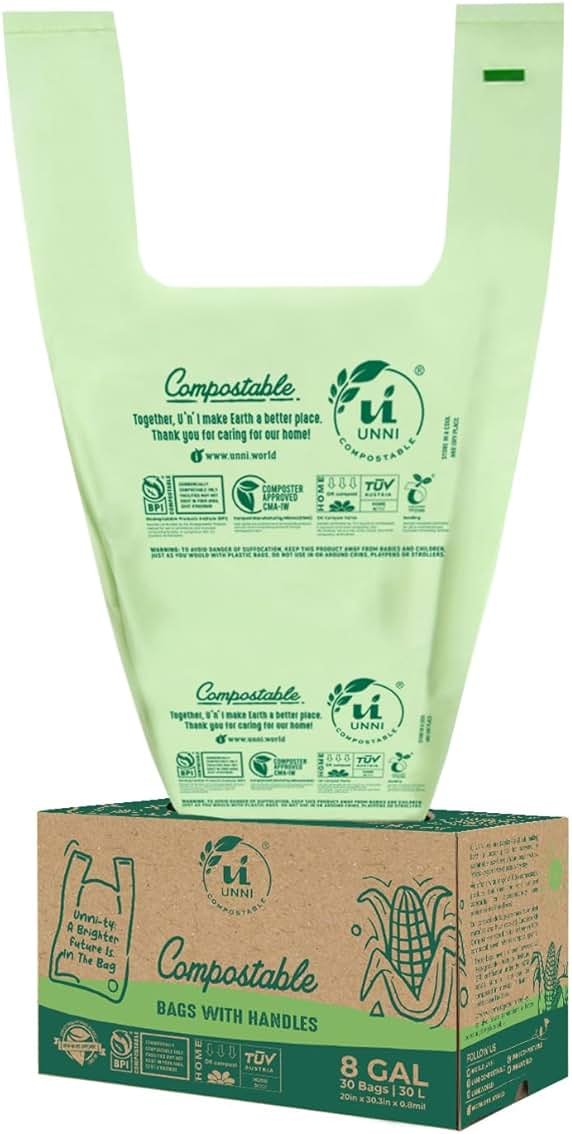 UNNI 8 Gallon Compostable Trash Bags with Tie Handles, 30 Count Small Food Scrap Kitchen Compost Bags for Countertop Bin, Certified by BPI, CMA & OK compost HOME, Meets ASTM D6400 - Product Image