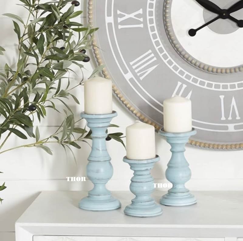 Decorative Light Blue Wood Turned Style Pillar Candle Holder with Distressed Finish, Set of 3 6", 8", 10" H, Light Blue - Product Image