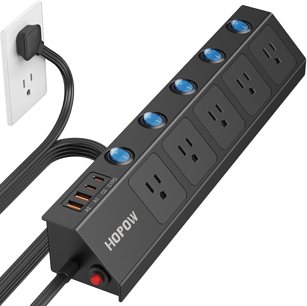HOPOW Flat Plug Power Strip with Individual Switches, 10 Ft Ultra Thin Flat Extension Cord, 5-Outlet Surge Protector with 2 USB-C (20W PD) & 2 USB-A, 1700 Joules, Wall Mount for Home Office, Black - Product Image