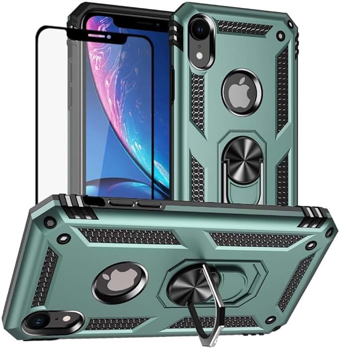 Yiakeng for iPhone XR Case, iPhone XR Phone Case with Screen Protector, Military Grade Protective Cases with Ring for iPhone XR (Dark Green) - Product Image