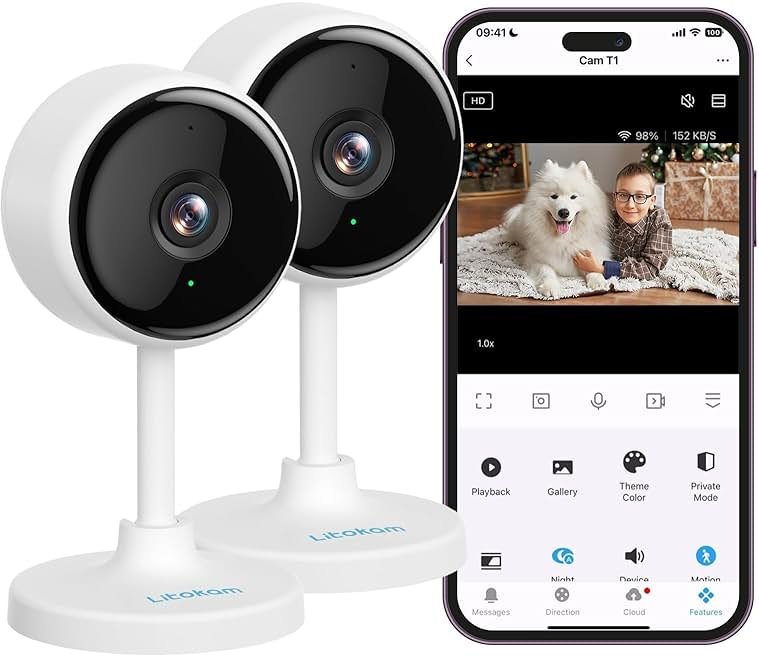 litokam Indoor Cameras for Home Security with Night Vision, Pet Camera with Phone App, WiFi Home Security Camara, Baby Monitor Work with Alexa, Motion Detection, 2 Pack, 2K - Product Image