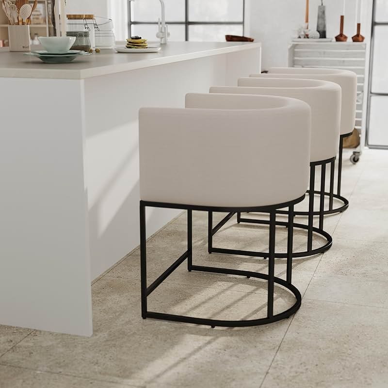 RIVOVA Contemporary Cream Linen Bar Stools Set of 3, 24" Upholstered Fabric Counter Height Barstools Kitchen Counter Island Stools with Screwed Together Black Metal Base - Product Image