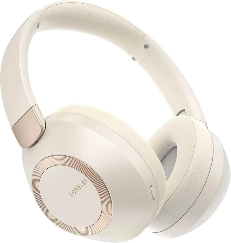 LORELEI B-C6 Wireless Over Ear Headphones, 50H Playtime Foldable Lightweight Bluetooth Headsets, Deep Bass, Built-in Microphone, Memory Foam Earmuff, for Travel, Home Office (Beige White) - Product Image