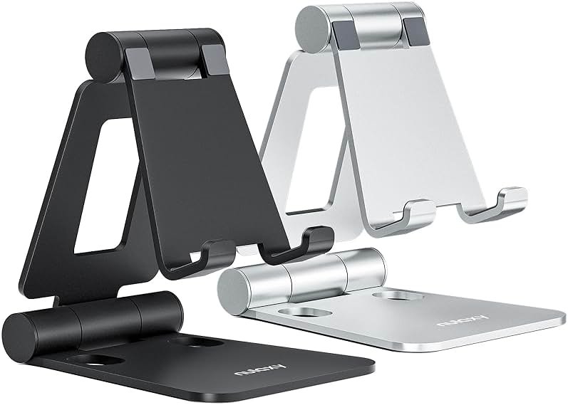 Nulaxy 2 Pack Fully Aluminum Dual Folding Cell Phone Stand, Adjustable Foldable Desktop Phone Holder for Desk Compatible with iPhone 17 16 15 14 13 12 11 Pro Max Xs Xr X 8, All Phones, Black & Silver - Product Image