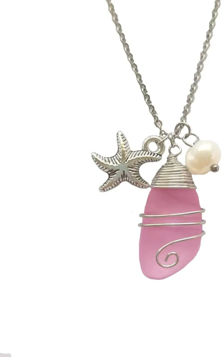 Azusa Sun Sea Glass Necklace for Women Men Wire Wrapped Beach Necklaces with Starfish Imitation Pearl Handmade Summer Beach Holiday Sea Glass Jewelry Gift - Product Image