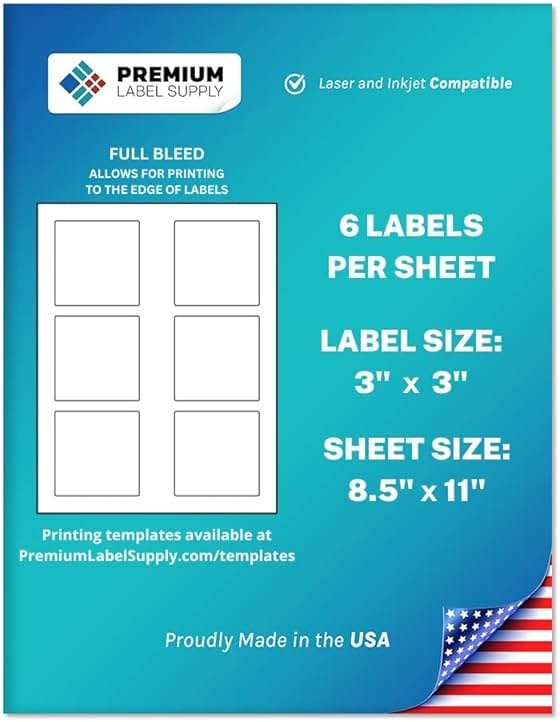 Premium Label Supply White Sticker Square Labels – 3" x 3" – Laser/Inkjet Compatible – (6 per Sheet), 100 Sheets – 600 Total Adhesive Labels - Product Image