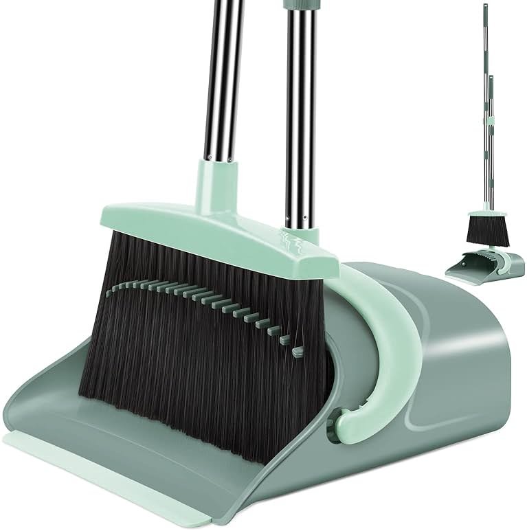 Ivandar Broom and Dustpan Set for Home, Dust pan with Long Handle, Broom with Dustpan Combo Set, for Home Kitchen Room Office Lobby Floor Use Upright Stand Up Sweeping (Gray&Green) - Product Image