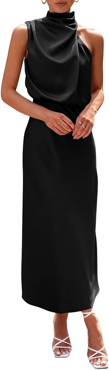 PRETTYGARDEN Women's 2026 Summer Satin Dress Elegant Sleeveless Mock Neck Cocktail Party Maxi Dresses - Product Image
