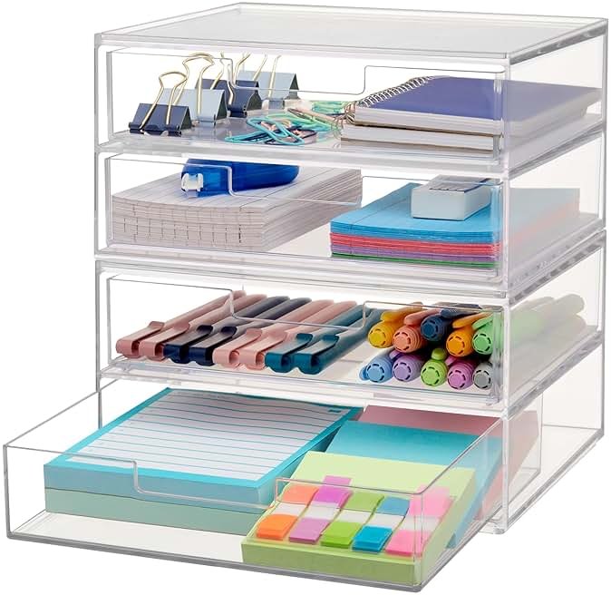 STORi Stackable Desk Drawer Organizer, Clear Pen Pencil Makeup Brush Holder for Desktops and Vanities, 4 Wide Drawers (Made in USA) - Product Image