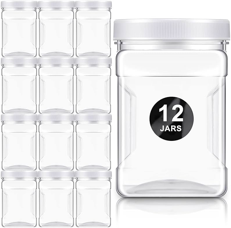 Gerrii 12 Pcs 27 Oz Plastic Storage Jars with Lids, Clear Wide Mouth Square Plastic mason Containers, Paint Storage Containers with Easy Grip Handles, Reusable Wide Mouth Canisters - Product Image