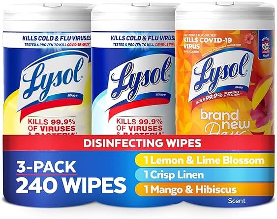 LYSOL Disinfecting Wipes, All Purpose Cleaner, Multi-Surface Antibacterial Cleaning Wipes, Household Cleaning Supplies, Dorm Essentials, Lemon + Crisp Linen + Mango & Hibiscus Scent, 80 ct. (3 Pack) - Product Image