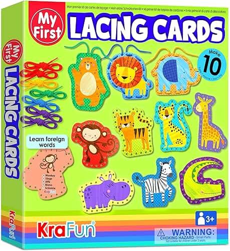 KRAFUN My First Lacing Cards Kit for Toddlers & Kids Age 3+, 10 Safari Animal Arts & Crafts Projects, Fine Motor Skills Toys with Lion Monkey Elephant Tiger Giraffe Hippo Zebra Bear - Product Image