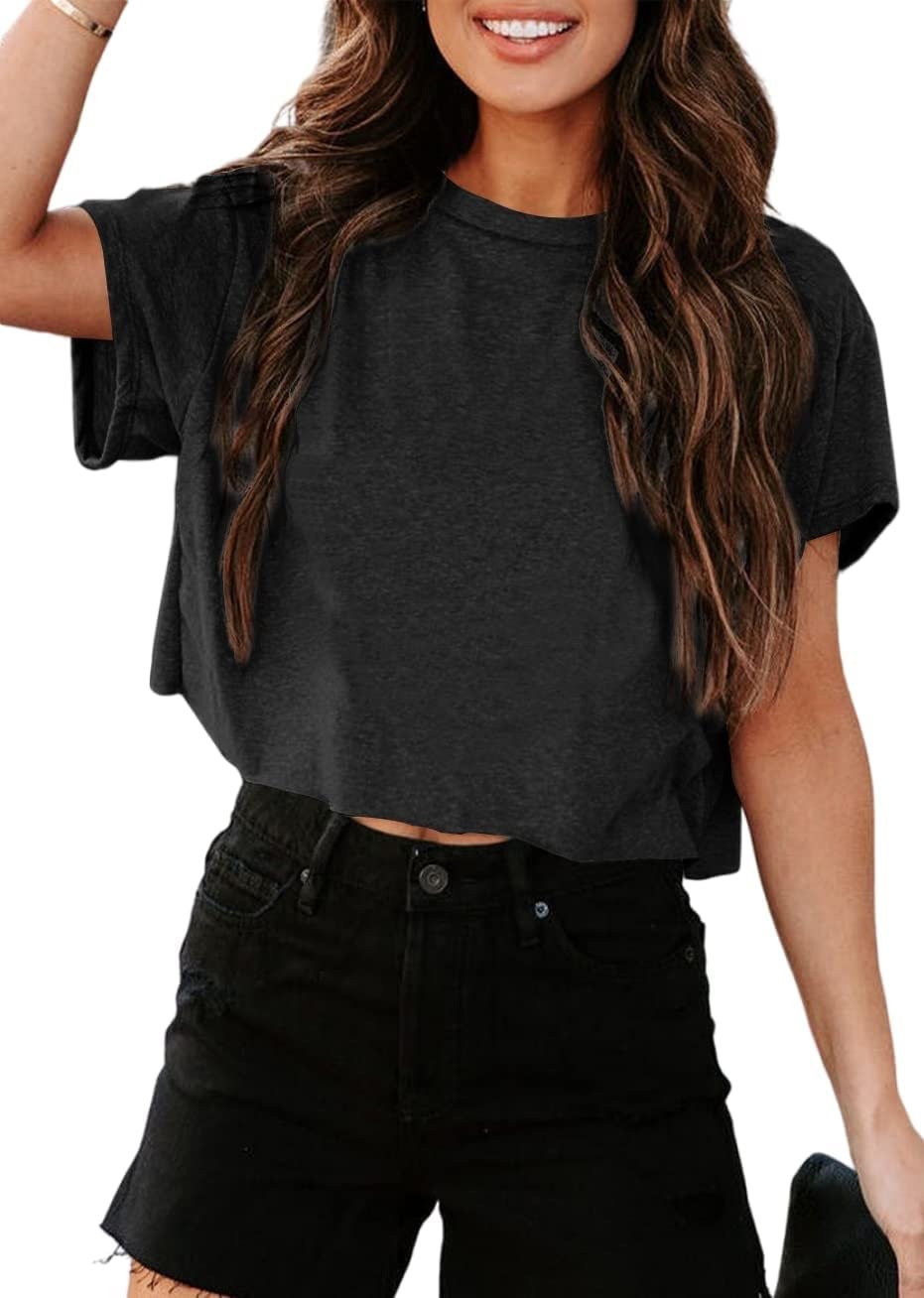 Tankaneo Women Short Sleeve Cropped T-Shirts Crew Neck Loose Crop Tops Summer Casual Drop Shoulder Basic Tees - Product Image