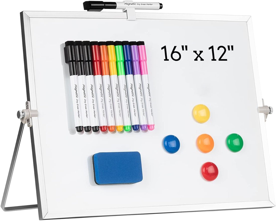 Dry Erase White Board, Cazeyoo Magnetic Desktop Whiteboard 16 x 12inch with Stand, 10 Markers, 4 Magnets and 1 Eraser, Portable Double-Sided White Board for Kids Drawing, Office, Home, School - Product Image