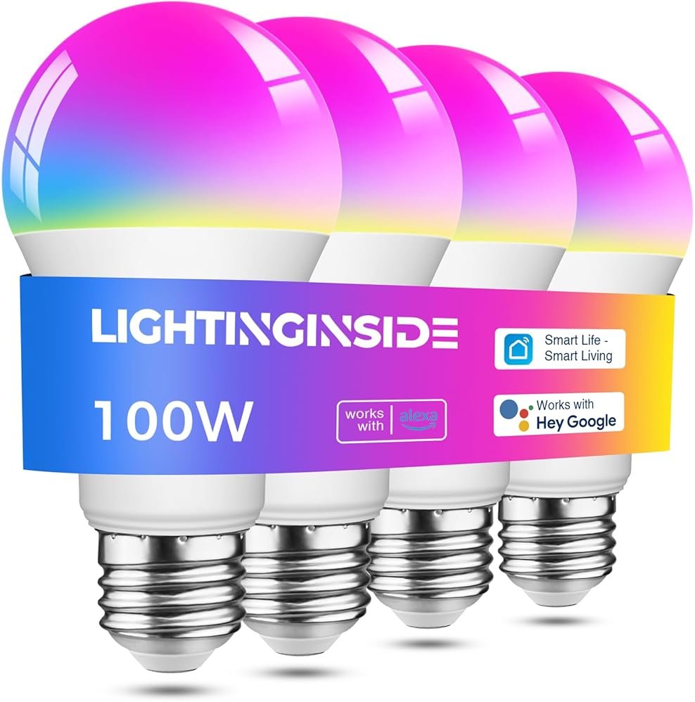 Lightinginside Smart Light Bulbs 100W Equiv., 1350LM 11W Smart Bulb Works with Alexa/Google Home/SmartLife, A19 E26 RGBCW Color Changing Bulbs, No Hub Required, 2.4G WiFi & BLE Bulb, ETL Listed, 4PCS - Product Image