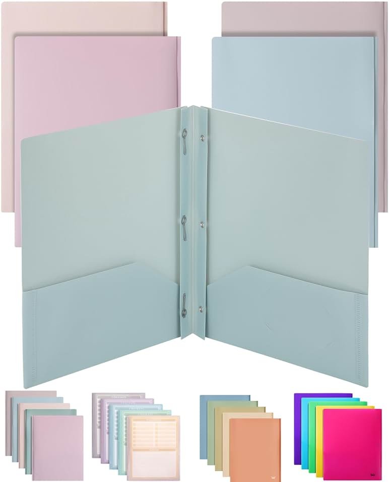 Mr. Pen- Plastic Folders with Pockets and Prong, 5 Pack, Muted Pastel Colors, Pocket Folders with Prongs and Fasteners, 2 Pocket - Product Image