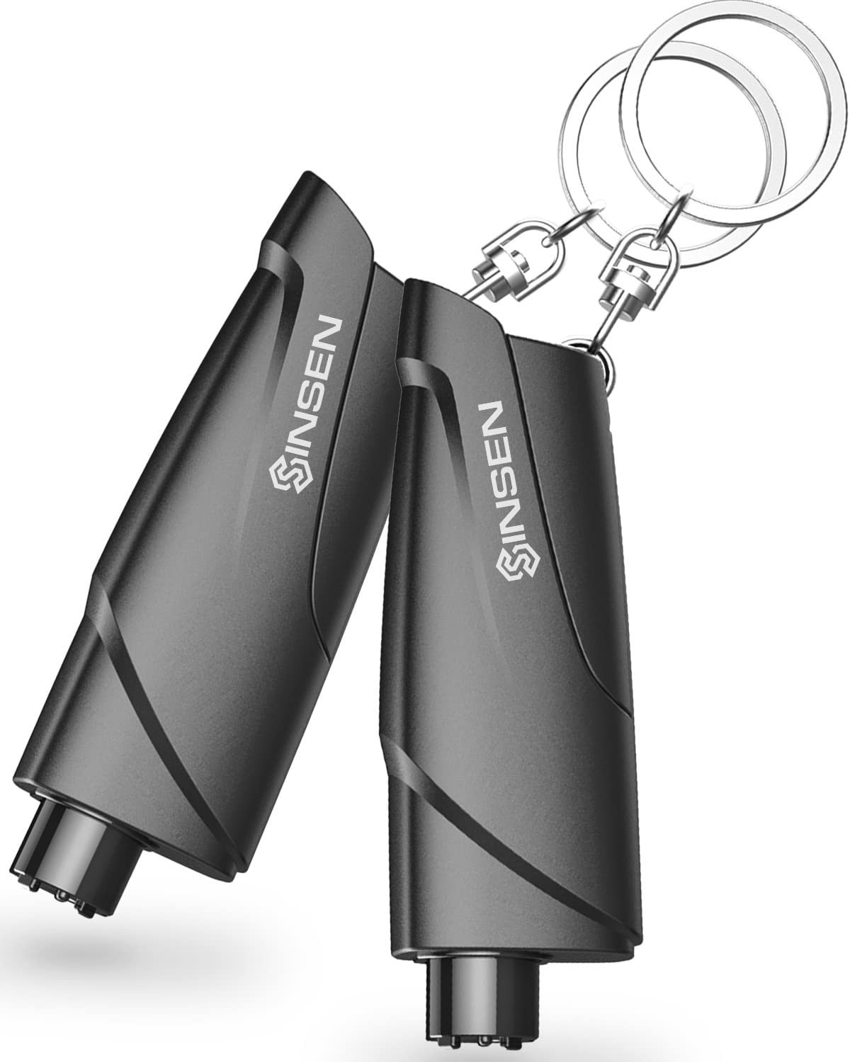 SINSEN Window Breaker Seatbelt Cutter, Car Emergency Safety Keychain, Seat Belt Escape Tool and Glass Hammer, Spring-Loaded for Land and Underwater, 2PCS, Black - Product Image