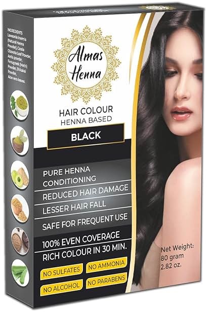 ALMAS HENNA 80 GRAM Hair Color, Henna Powder Infused with Goodness of Herbs, 100% grey covered For Soft Shiny Hair, henna hair dye (2.82 OUNCE, BLACK) - Product Image