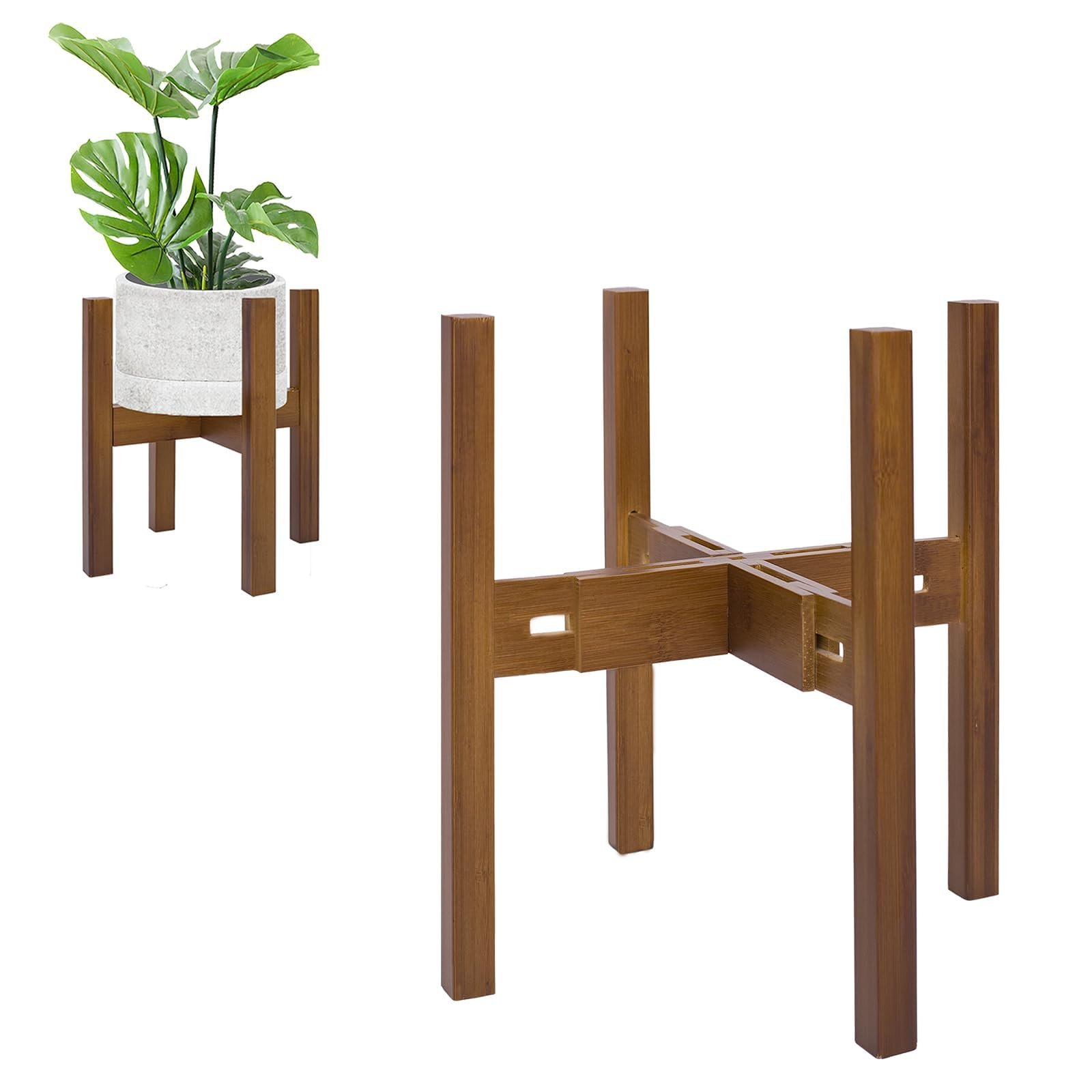 Rnined Adjustable Plant Stand Indoor,Bamboo Mid Century Modern Plants Stands, Stable Plant Holder,Fit 8 9 10 11 12 inch Pots (Pot & Plant Not Included) - Product Image