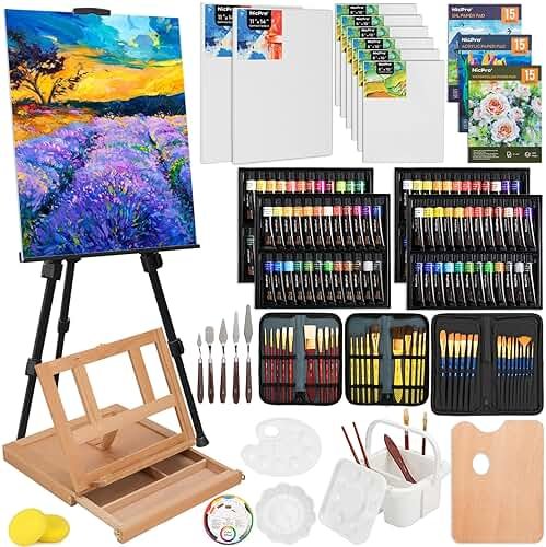 Nicpro 158PCS Deluxe Art Painting Kit with Metal and Solid Beech Wood Easel, Acrylic, Oil & Watercolor Paint Set, Paint Brushes, Canvas, Palette, Paper Pad, Professional Art Set for Adults Artist - Product Image