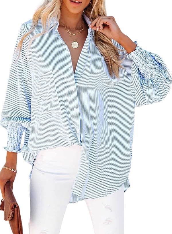 Womens Smocked Cuffed Striped Boyfriend Shirt Casual Collar Long Sleeve Oversized Button Down Blouse Tops with Pocket Shirred - Product Image