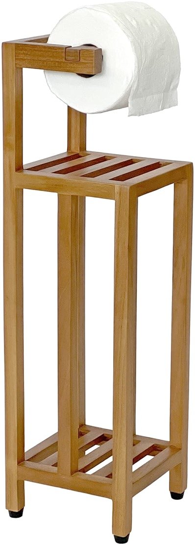Solid Teak Toilet Paper Holder Stand with Shelf, Freestanding Bathroom Toilet Paper Roll Holder with Reserve, Standing Toilet Paper Holder with Storage, Fully Assembled, SpaTeak Collection, TB-702 - Product Image