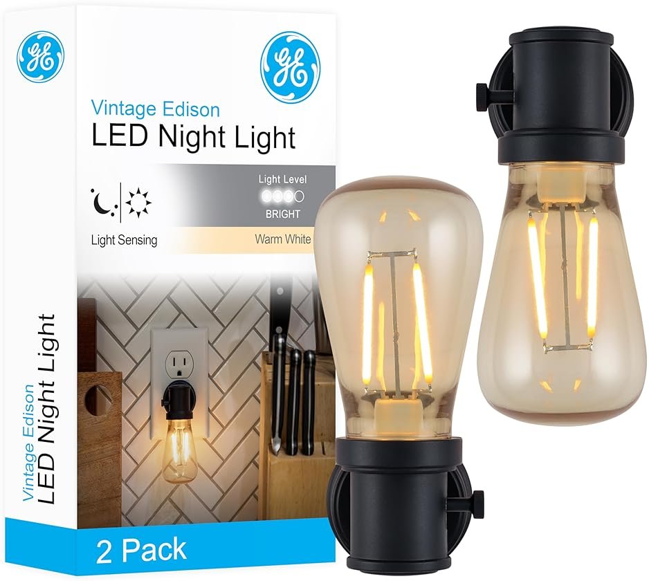 GE Vintage LED Edison Night Lights Plug Into Wall, 2-Pack, Dusk to Dawn Auto Sensor, Warm White, Adjustable Brightness Plug in Nightlight with Manual On/Off/High/Low Switch, Perfect for Adults - Product Image