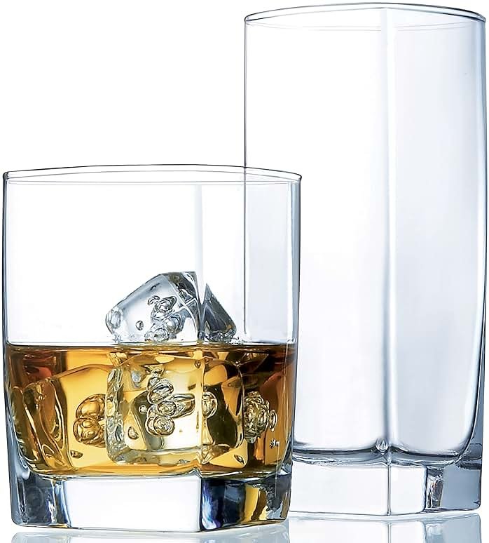 Le'raze Collins Everyday Drinking Glasses Set of 16 Drinkware Kitchen Glasses for Cocktail, Iced Coffee, Beer, Ice Tea, Wine, Whiskey, Water, 8 Tall Highball Glass Cups & 8 Short Old Fashioned. - Product Image