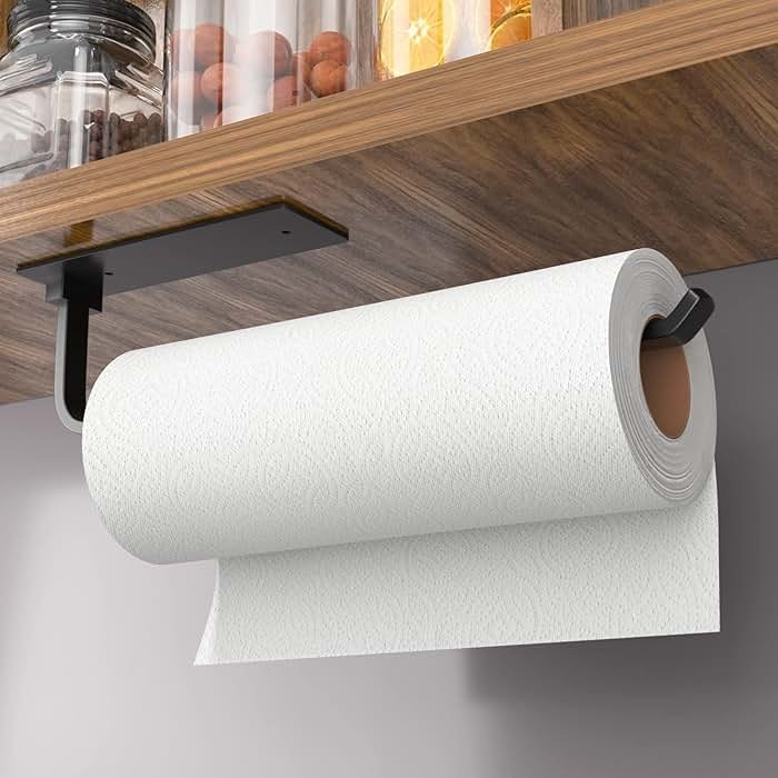 Paper Towel Holder - Self-Adhesive or Drilling, Matte Black, Upgraded Aluminum Kitchen Roll Dispenser Under Cabinet, Lighter but Stronger Than Stainless Steel! - Product Image