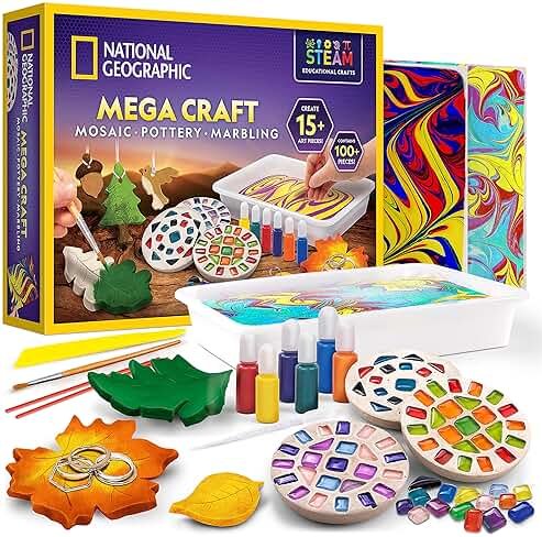 National Geographic Mega Arts and Crafts Kit for Kids – Mosaic Kit, Marbling Paint Kit & Air Dry Clay Pottery Kit – Art Projects for Kids Ages 8-12, Crafts for Girls and Boys (Amazon Exclusive) - Product Image