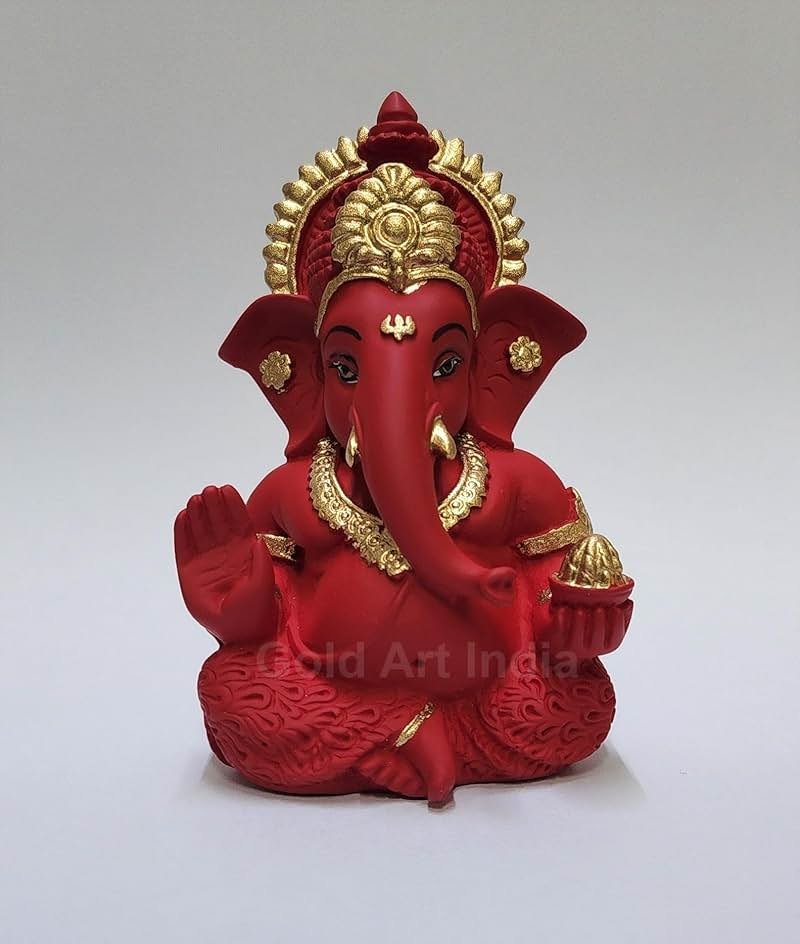 Gold Art India Mukut Ganesha Idol for Car Dashboard Maroon Red and Gold Small Ganesha Murti Ganpati Idol for Home Decor Puja Lord Ganesh Statue Gift for Office Desk Puja Room Figurine - Product Image