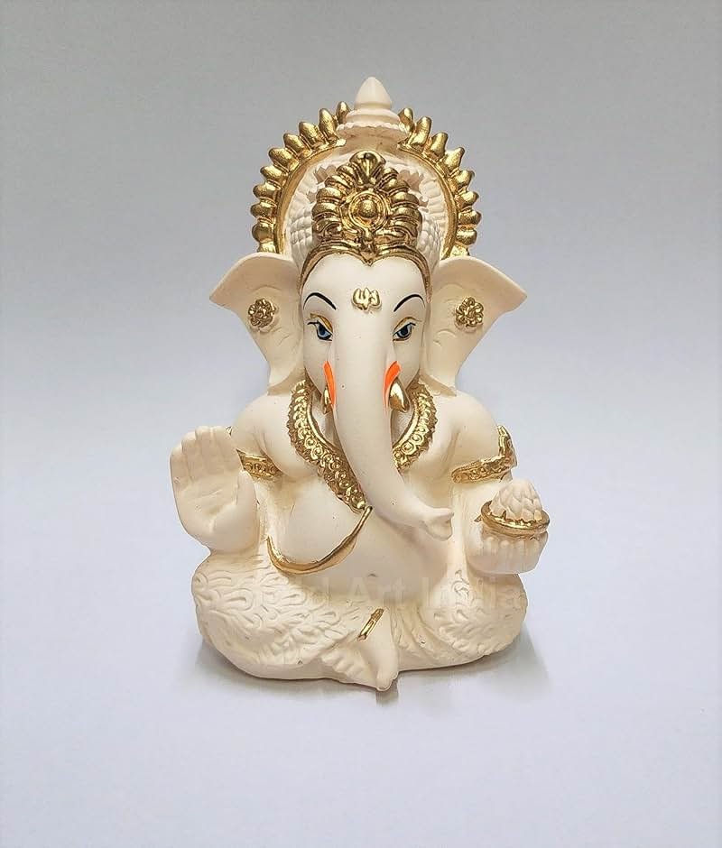 Gold Art India Peach Ivory Finish Ganesha Idol Car Dashboard IdolGanesha Murti Ganpati Idol for Home Decor Puja Lord Ganesh Statue Gift for Office Desk Puja Room Figurine - Product Image